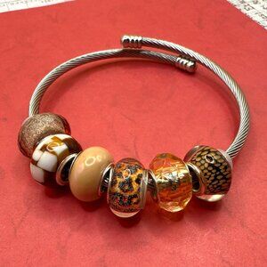 New Champagne Cheetah Print Euro Bead Flex Glamour Bracelet Silver Lucite Bangle